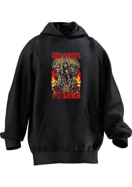 Unisex Premium Pamuk Siyah Sarı Poster Guns Roses Baskılı 3 Iplik Kapüşonlu Sweatshirt