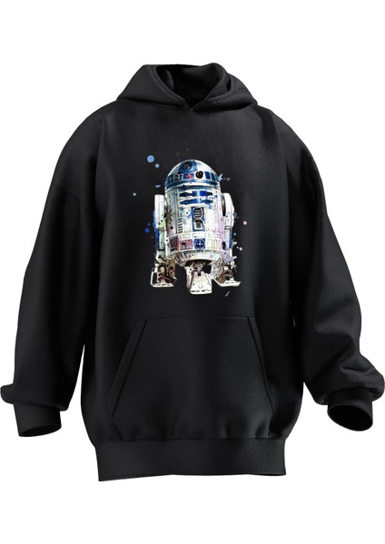 Unisex Premium Pamuk Siyah Süpürge Baskılı 3 Iplik Kapüşonlu Sweatshirt