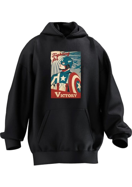 Unisex Premium Pamuk Siyah Victory Captain Baskılı 3 Iplik Kapüşonlu Sweatshirt