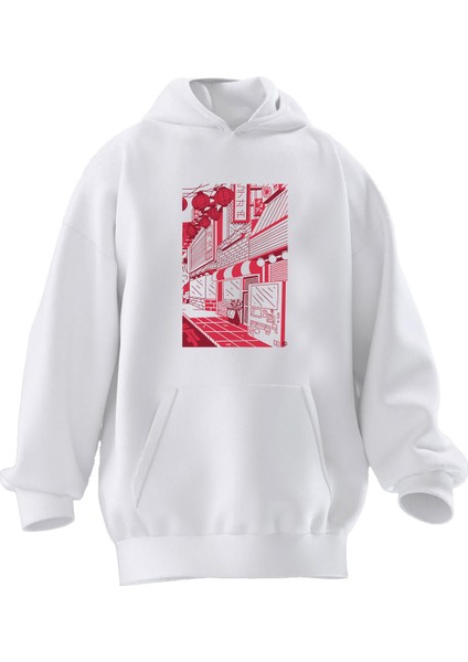 Unisex Premium Pamuk Beyaz Japon Sokak Görsel Baskılı 3 Iplik Kapüşonlu Sweatshirt