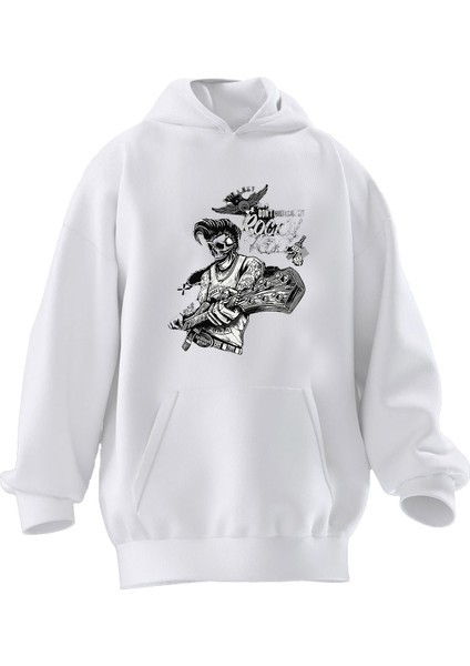 Unisex Premium Pamuk Beyaz Rock Un Roll Kurukafa Çizim Baskılı 3 Iplik Kapüşonlu Sweatshirt