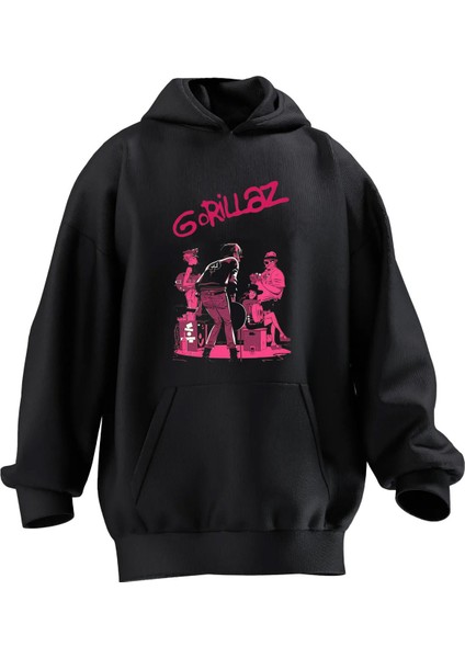 Unisex Premium Pamuk Siyah Gorillaz Baskılı 3 Iplik Kapüşonlu Sweatshirt