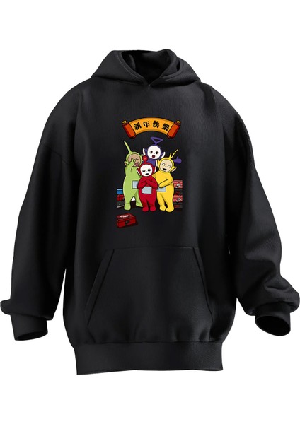 Unisex Premium Pamuk Siyah Çinli Teletabiler Baskılı 3 Iplik Kapüşonlu Sweatshirt