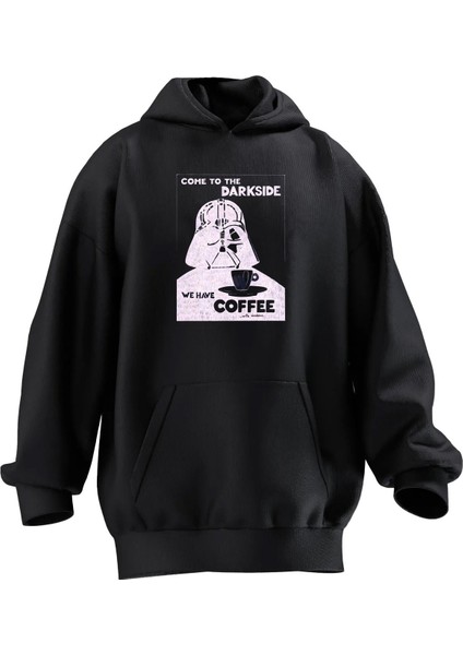 Unisex Premium Pamuk Siyah Darkside Coffe Baskılı 3 Iplik Kapüşonlu Sweatshirt