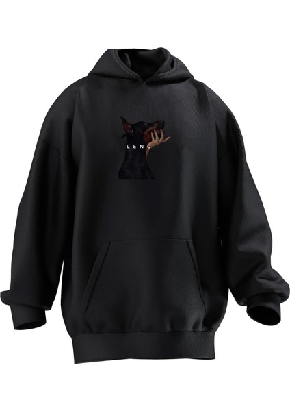 Unisex Premium Pamuk Siyah Doberman Baskılı 3 Iplik Kapüşonlu Sweatshirt