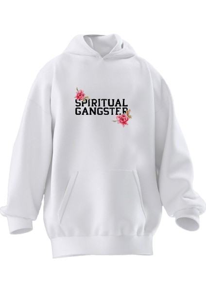 Unisex Premium Pamuk Beyaz Spiritual Baskılı 3 Iplik Kapüşonlu Sweatshirt