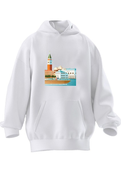Unisex Premium Pamuk Beyaz Şehir Venedik Baskılı 3 Iplik Kapüşonlu Sweatshirt