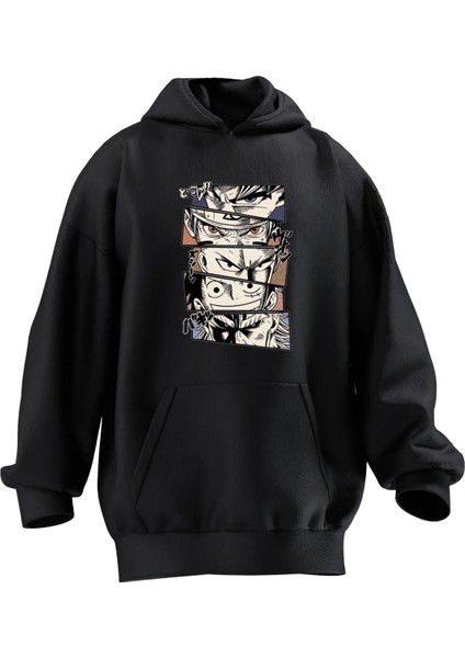 Unisex Premium Pamuk Siyah Anime Karakterler Gözleri Baskılı 3 Iplik Kapüşonlu Sweatshirt