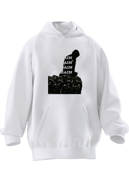 Unisex Premium Pamuk Beyaz Azgain Yazılı Gym Baskılı 3 Iplik Kapüşonlu Sweatshirt