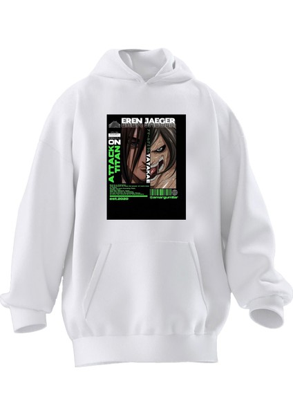 Unisex Premium Pamuk Beyaz Eren Jaeger Baskılı 3 Iplik Kapüşonlu Sweatshirt