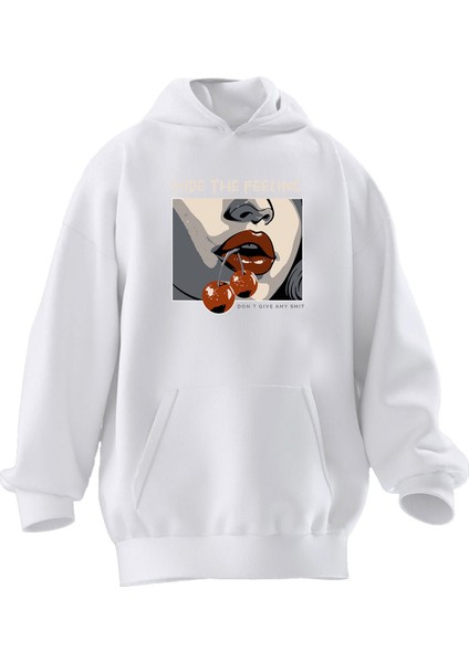 Unisex Premium Pamuk Beyaz Hide The Kiraz Dudak Baskılı 3 Iplik Kapüşonlu Sweatshirt