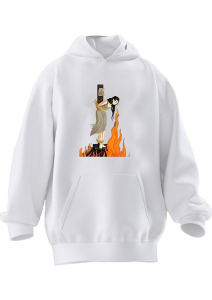 Unisex Premium Pamuk Beyaz Idam Kadın Baskılı 3 Iplik Kapüşonlu Sweatshirt