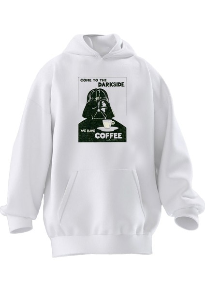 Unisex Premium Pamuk Beyaz Darkside Coffe Baskılı 3 Iplik Kapüşonlu Sweatshirt