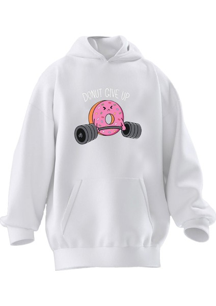 Unisex Premium Pamuk Beyaz Donut Give Up Baskılı 3 Iplik Kapüşonlu Sweatshirt