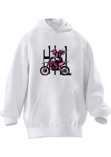 Unisex Premium Pamuk Beyaz Hello Pembe Motorcu Kız Baskılı 3 Iplik Kapüşonlu Sweatshirt
