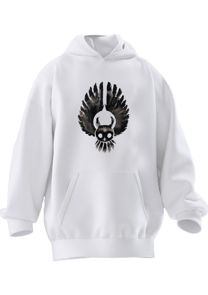 Unisex Premium Pamuk Beyaz Kanatlı Baykuş Baskılı 3 Iplik Kapüşonlu Sweatshirt