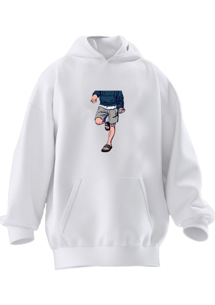 Unisex Premium Pamuk Beyaz Short Terlik Erkek Baskılı 3 Iplik Kapüşonlu Sweatshirt