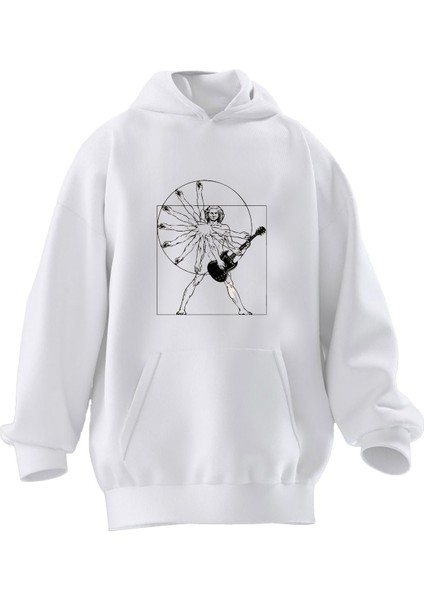 Unisex Premium Pamuk Beyaz Dönen Gitar Baskılı 3 Iplik Kapüşonlu Sweatshirt