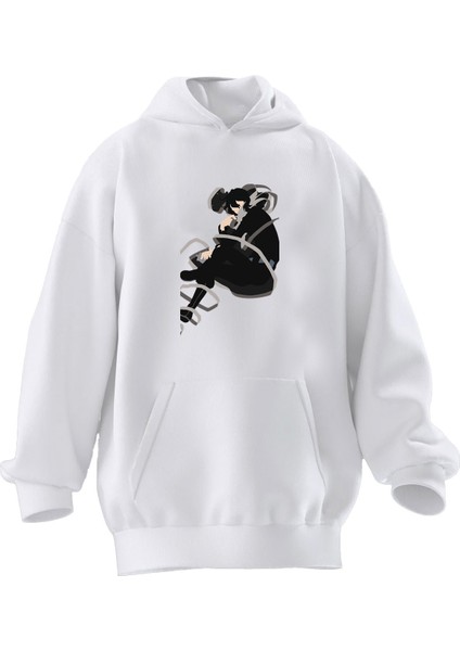 Unisex Premium Pamuk Beyaz Düşünceli Kız Çizim Baskılı 3 Iplik Kapüşonlu Sweatshirt