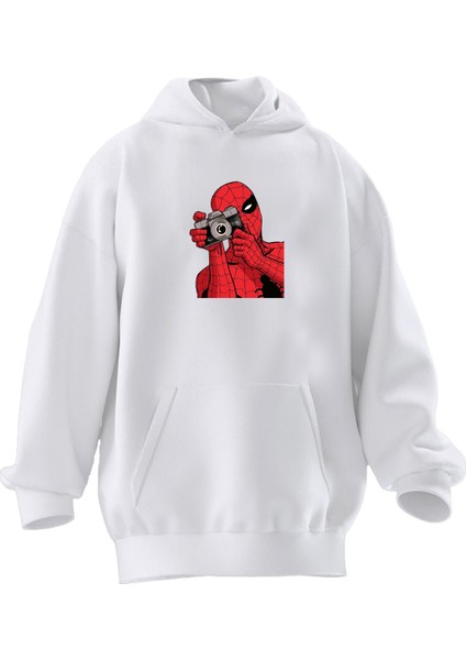 Unisex Premium Pamuk Beyaz Fotoğraf Spiderman Baskılı 3 Iplik Kapüşonlu Sweatshirt