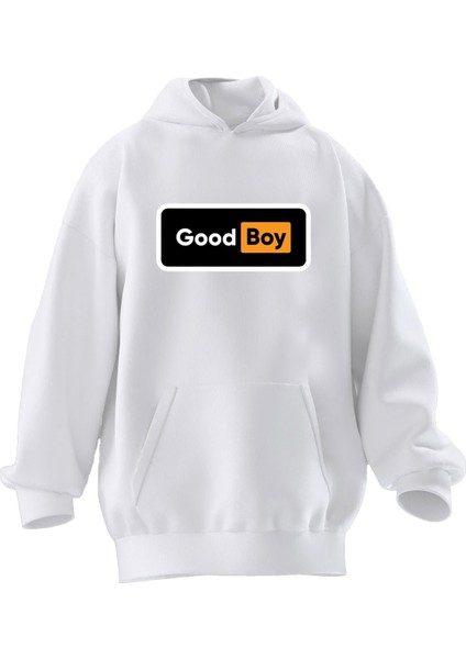 Unisex Premium Pamuk Beyaz Good Boy Baskılı 3 Iplik Kapüşonlu Sweatshirt