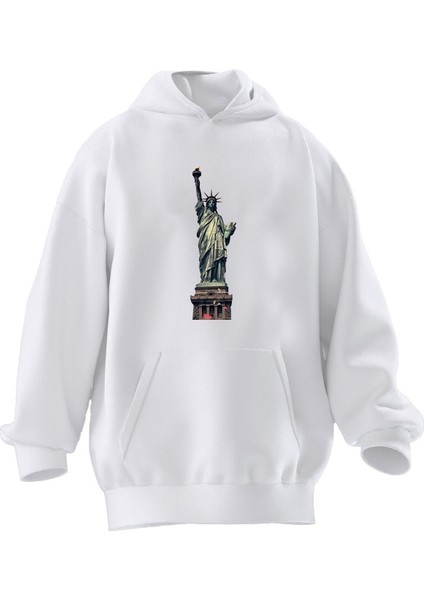 Unisex Premium Pamuk Beyaz Heykel Özgürlük Baskılı 3 Iplik Kapüşonlu Sweatshirt