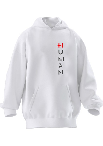Unisex Premium Pamuk Beyaz Human Yazı Baskılı 3 Iplik Kapüşonlu Sweatshirt