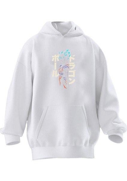 Unisex Premium Pamuk Beyaz Japonca Yazı Baskılı 3 Iplik Kapüşonlu Sweatshirt