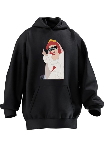 Unisex Premium Pamuk Siyah Taçlı Prenses Baskılı 3 Iplik Kapüşonlu Sweatshirt