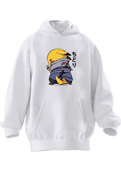 Unisex Premium Pamuk Beyaz Çinli Pikachu Baskılı 3 Iplik Kapüşonlu Sweatshirt