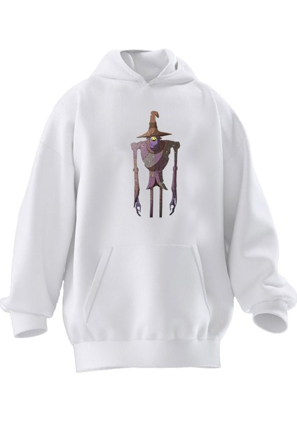 Unisex Premium Pamuk Beyaz Gülen Yüz Korkuluk Baskılı 3 Iplik Kapüşonlu Sweatshirt