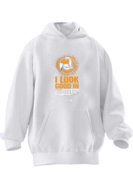 Unisex Premium Pamuk Beyaz I Look Good Baskılı 3 Iplik Kapüşonlu Sweatshirt