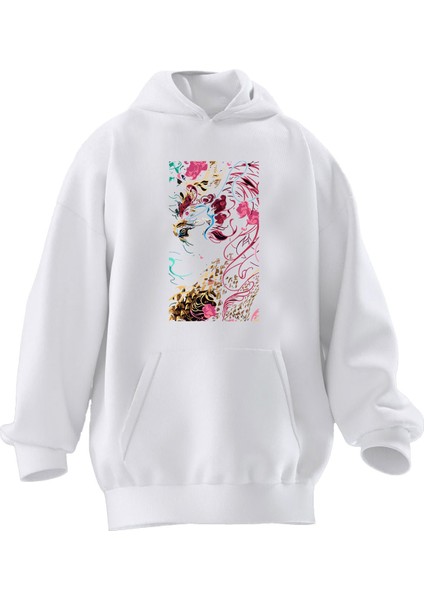 Unisex Premium Pamuk Beyaz Karmaşık Desen Yosun Baskılı 3 Iplik Kapüşonlu Sweatshirt