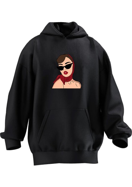 Unisex Premium Pamuk Siyah Kırmızı Eşarplı Kadın Baskılı 3 Iplik Kapüşonlu Sweatshirt