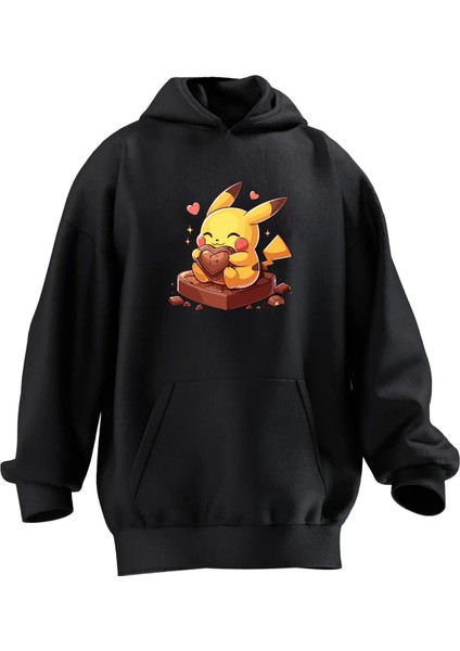 Unisex Premium Pamuk Siyah Pikachu Çikolata Baskılı 3 Iplik Kapüşonlu Sweatshirt