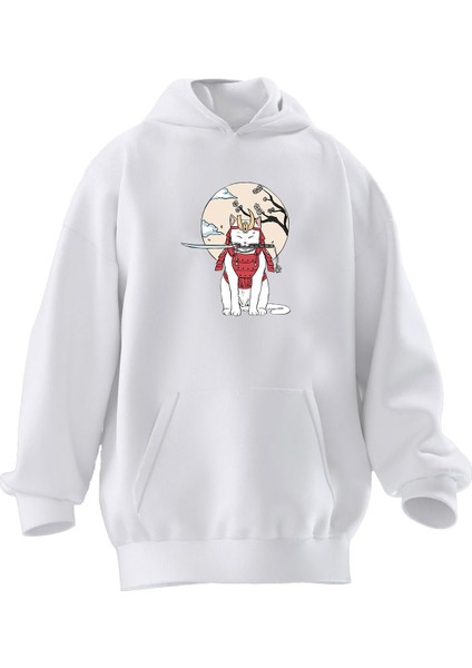 Unisex Premium Pamuk Beyaz Kılıçlı Kedi Baskılı 3 Iplik Kapüşonlu Sweatshirt