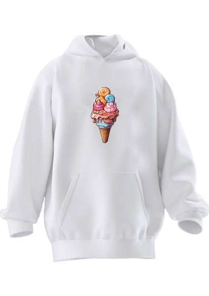 Unisex Premium Pamuk Beyaz Top Dondurma Baskılı 3 Iplik Kapüşonlu Sweatshirt
