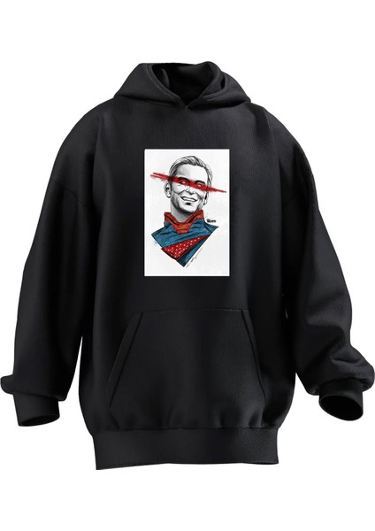 Unisex Premium Pamuk Siyah Gözü Çizgili Süperman Baskılı 3 Iplik Kapüşonlu Sweatshirt