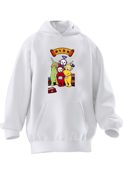 Unisex Premium Pamuk Beyaz Çinli Teletabiler Baskılı 3 Iplik Kapüşonlu Sweatshirt