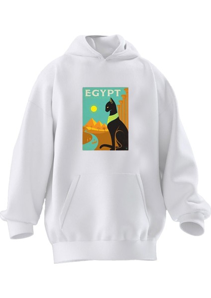Unisex Premium Pamuk Beyaz Egypt Baskılı 3 Iplik Kapüşonlu Sweatshirt