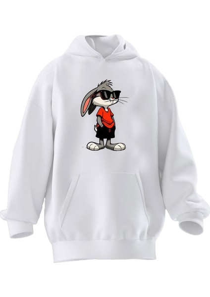 Unisex Premium Pamuk Beyaz Gözlüklü Bugs Bunny Baskılı 3 Iplik Kapüşonlu Sweatshirt
