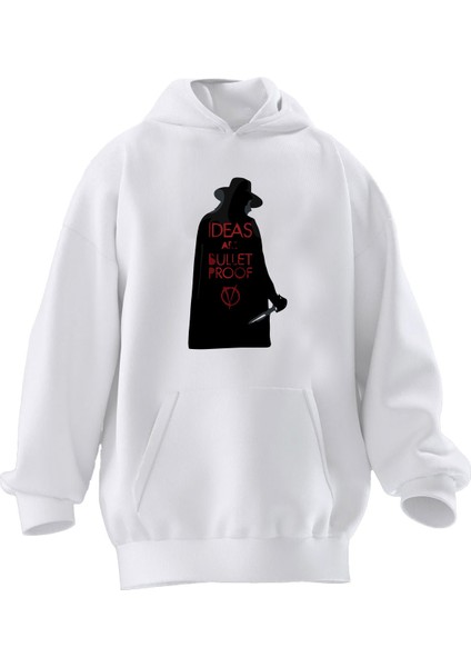 Unisex Premium Pamuk Beyaz Idea Sure Bullet Baskılı 3 Iplik Kapüşonlu Sweatshirt