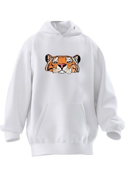 Unisex Premium Pamuk Beyaz Kaplan Bakışı Baskılı 3 Iplik Kapüşonlu Sweatshirt