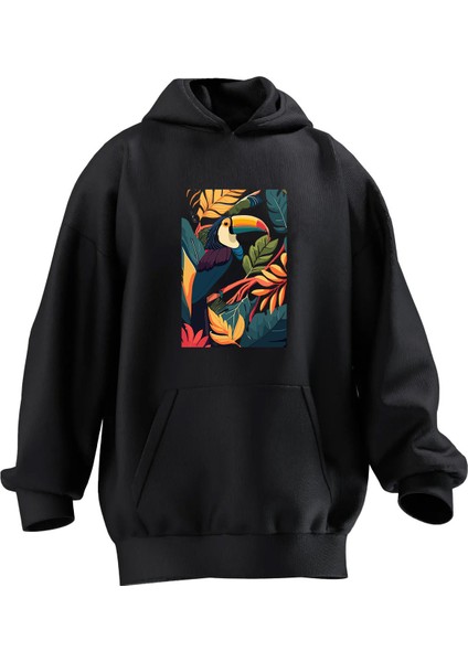 Unisex Premium Pamuk Siyah Renkli Papağan Baskılı 3 Iplik Kapüşonlu Sweatshirt