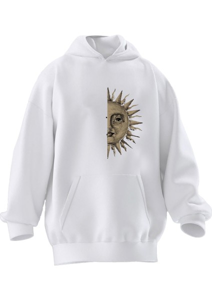 Unisex Premium Pamuk Beyaz Yarım Ay Baskılı 3 Iplik Kapüşonlu Sweatshirt