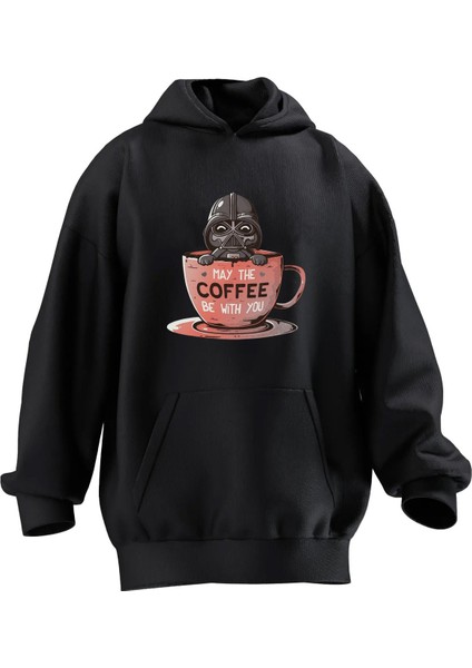 Unisex Premium Pamuk Siyah Coffee Starwars Baskılı 3 Iplik Kapüşonlu Sweatshirt