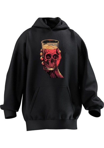 Unisex Premium Pamuk Siyah Kurukafa Bardak Baskılı 3 Iplik Kapüşonlu Sweatshirt