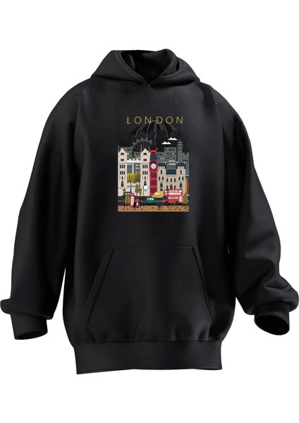 Unisex Premium Pamuk Siyah Lodon Sehir Baskılı 3 Iplik Kapüşonlu Sweatshirt