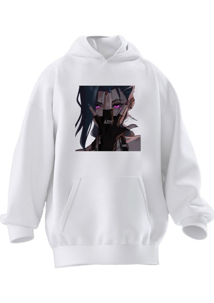 Unisex Premium Pamuk Beyaz Ary Jinx Baskılı 3 Iplik Kapüşonlu Sweatshirt