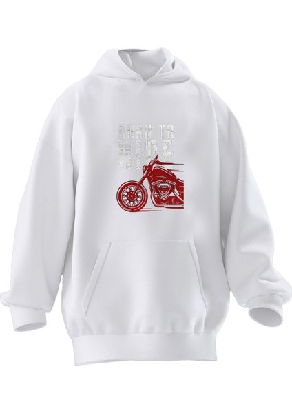 Unisex Premium Pamuk Beyaz Born To Ride Baskılı 3 Iplik Kapüşonlu Sweatshirt